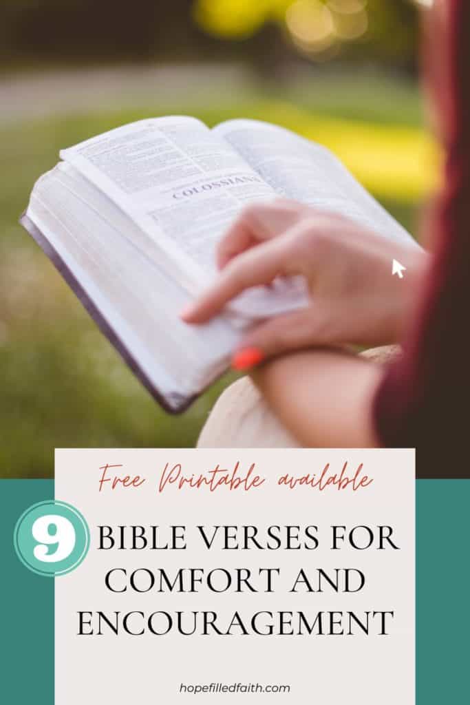 Free printable available 9 Bible verses for comfort and encouragement. Women reading Bible outside.