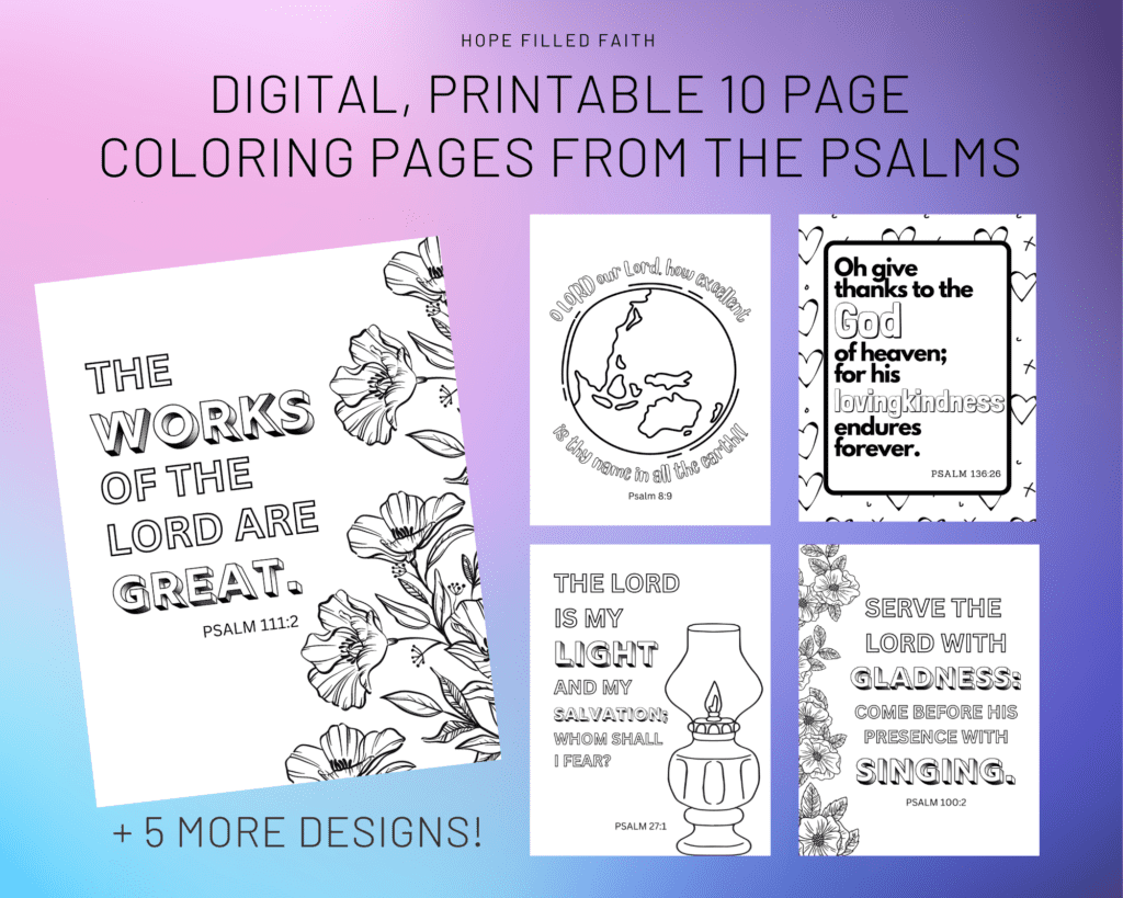 digital printable 10 page coloring pages from the psalms, preview from Hope Filled Faith Etsy store