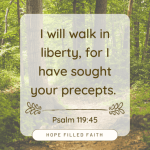 "I will walk in liberty, for I have sought your precepts. Psalm 119:45 at Hope Filled Faith - verses on walking with God