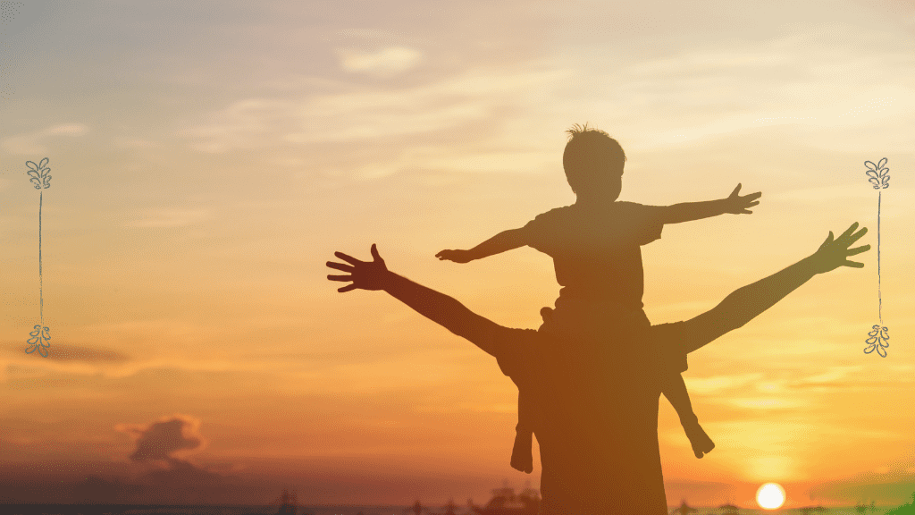 Bible verses about father's love at hope filled faith - silhouette of a boy sitting on his father's shoulders, standing in front of a sunset
