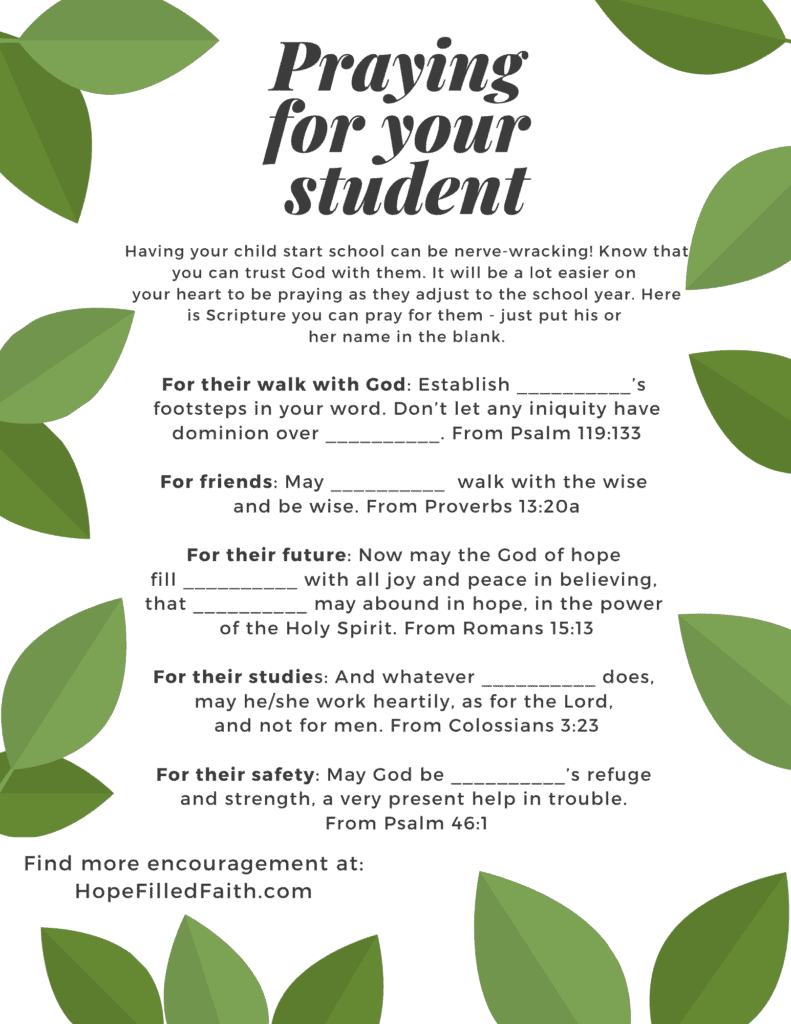 Back to School Prayers for your students, with text found in the Back to School Prayers post at Hope Filled Faith