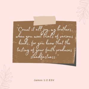 James 1:2 Count it all joy, my brothers, when you fall into various temptations, knowing that the testing of your faith produces endurance. Bible verses about joy and happiness at Hope Filled Faith