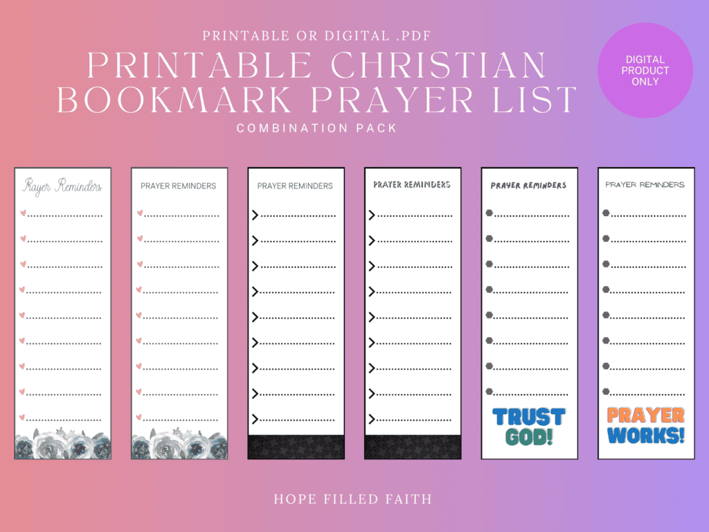 printable Christian bookmark prayer list at Etsy - preview of combination pack from Hope Filled Faith