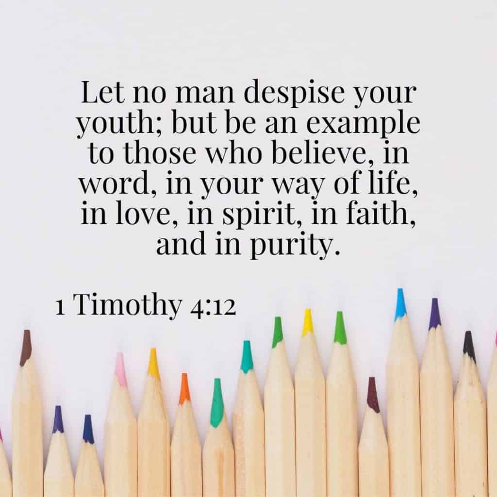 Bible verses for college students - the text of 1 Timothy 4:12 - with a background of colored pencils