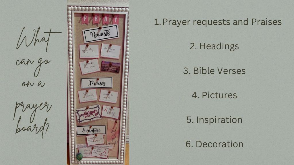 What can go on a prayer board?  prayer requests and praises, heading, Bible verses, pictures, inspiration, decoration - picture of a prayer board with these components, at Prayer Board Ideas at Hope Filled Faith