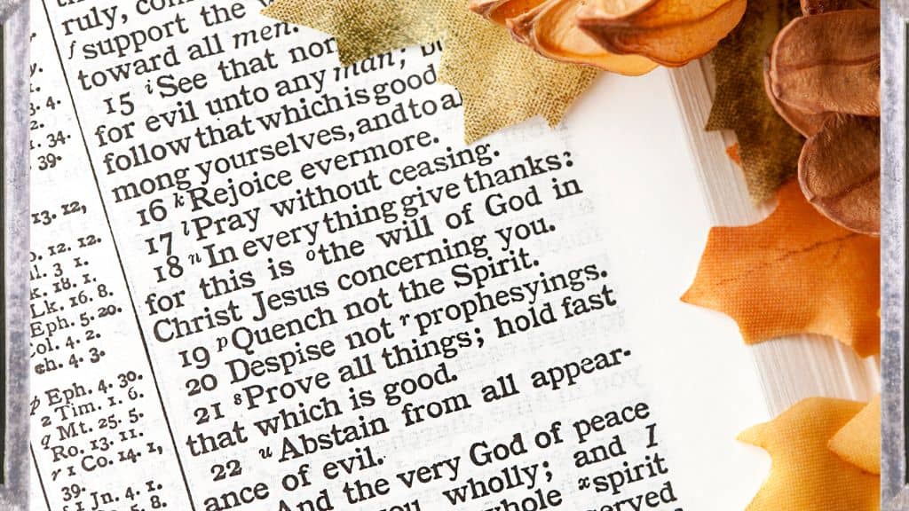 Thanksgiving Bible verses KJV Hope Filled Faith - picture of Bible with a few fall leaves on it
