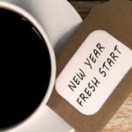 Bible Verses for New Year's Resolutions - (7) coffee cup with tag that says New Year Fresh Start