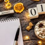 New Year's Religious Quotes - (6) January 01 wooden blocks with pen and paper and hot chocolate