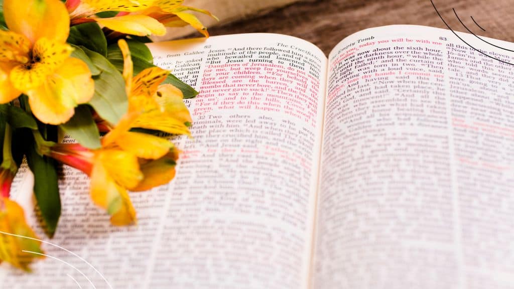 Printable Easter Scriptures for Kids (3) spring flowers resting on a Bible