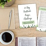 prayer challenge ideas - desk with coffee notebook Bible and prayer challenge papers