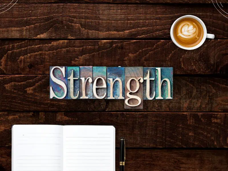 the lord is my strength Bible verses - strength letters on desk with coffee and notebook